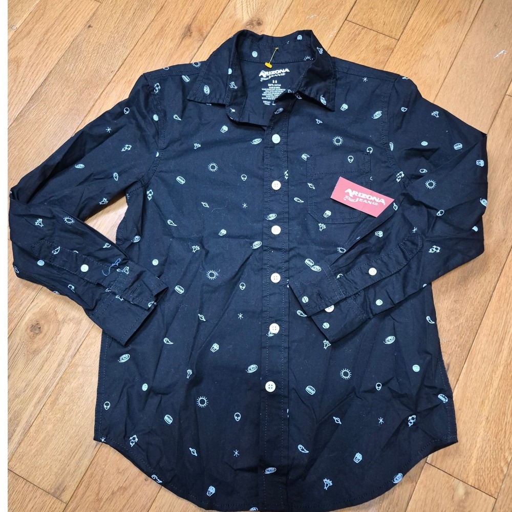 Arizona Jean Co Boys Black Space Alien UFO Long Sleeve Button Down Shirt Size 8